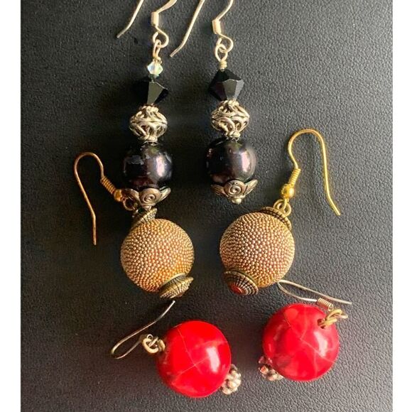 Vintage Round Capped Bead earrings, 3 PAIRS, Unmarked - Picture 1 of 4